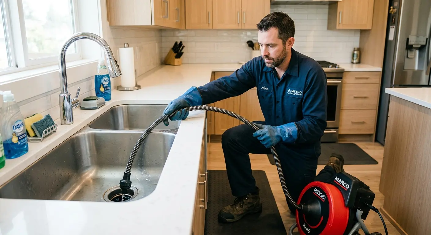 Drain cleaning technician using a motorized snake on a kitchen sink in Maple Valley