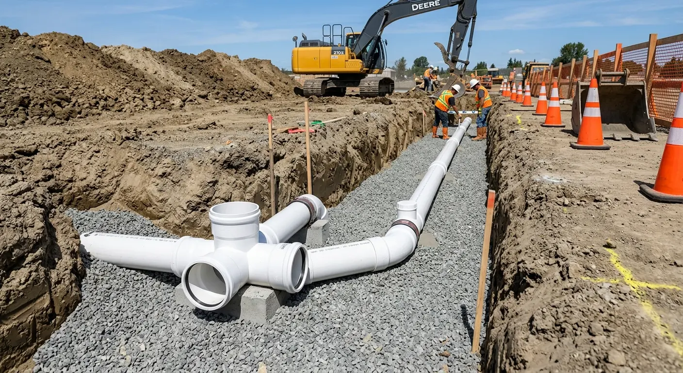 New PVC sewer pipe installation in open trench for Sewer Backup in Maple Valley