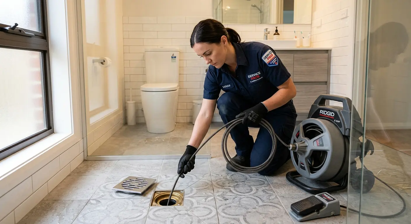 Technician clearing a bathroom floor drain for Drain Cleaning in Maple Valley